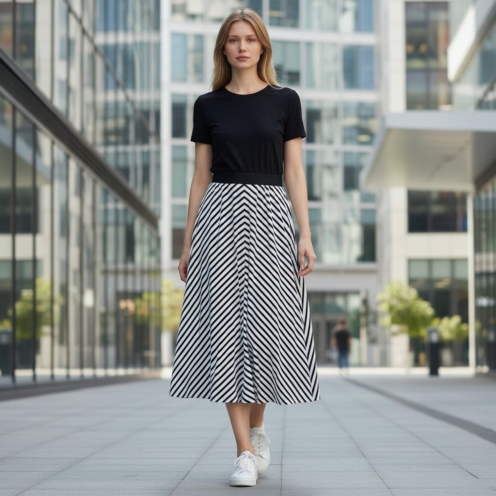 Karl Lagerfeld Midi Dress Womens Large Black‎ White NEW Striped Mixed Media